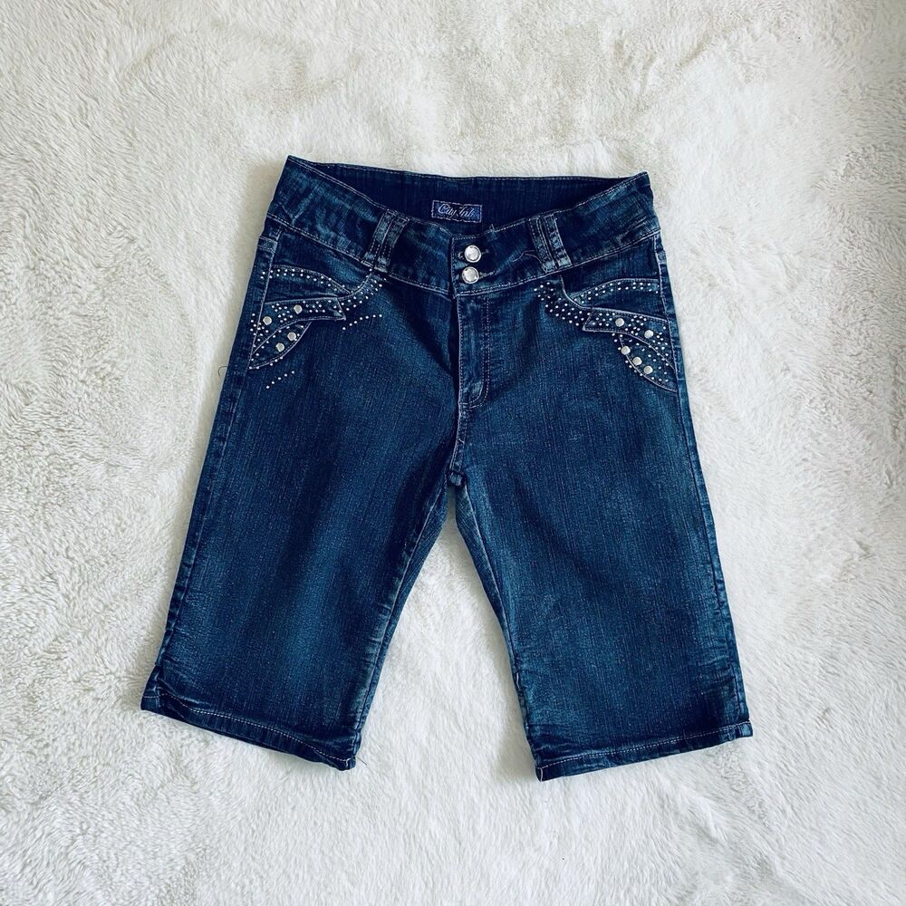 City Ink Y2K Rhinestone Denim Bermuda Shorts Size 11